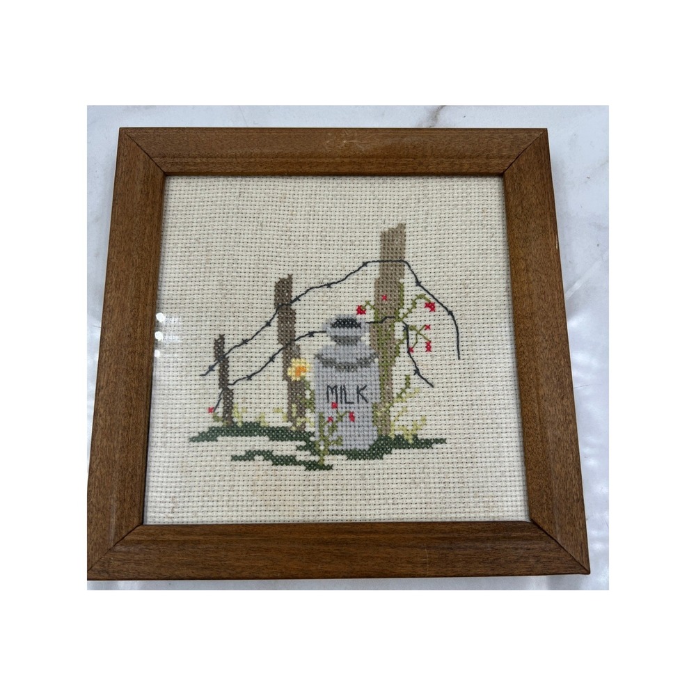 Vintage Framed Cross Stitch Wall Art Farm Milk Can Rustic Country Decor 8x8